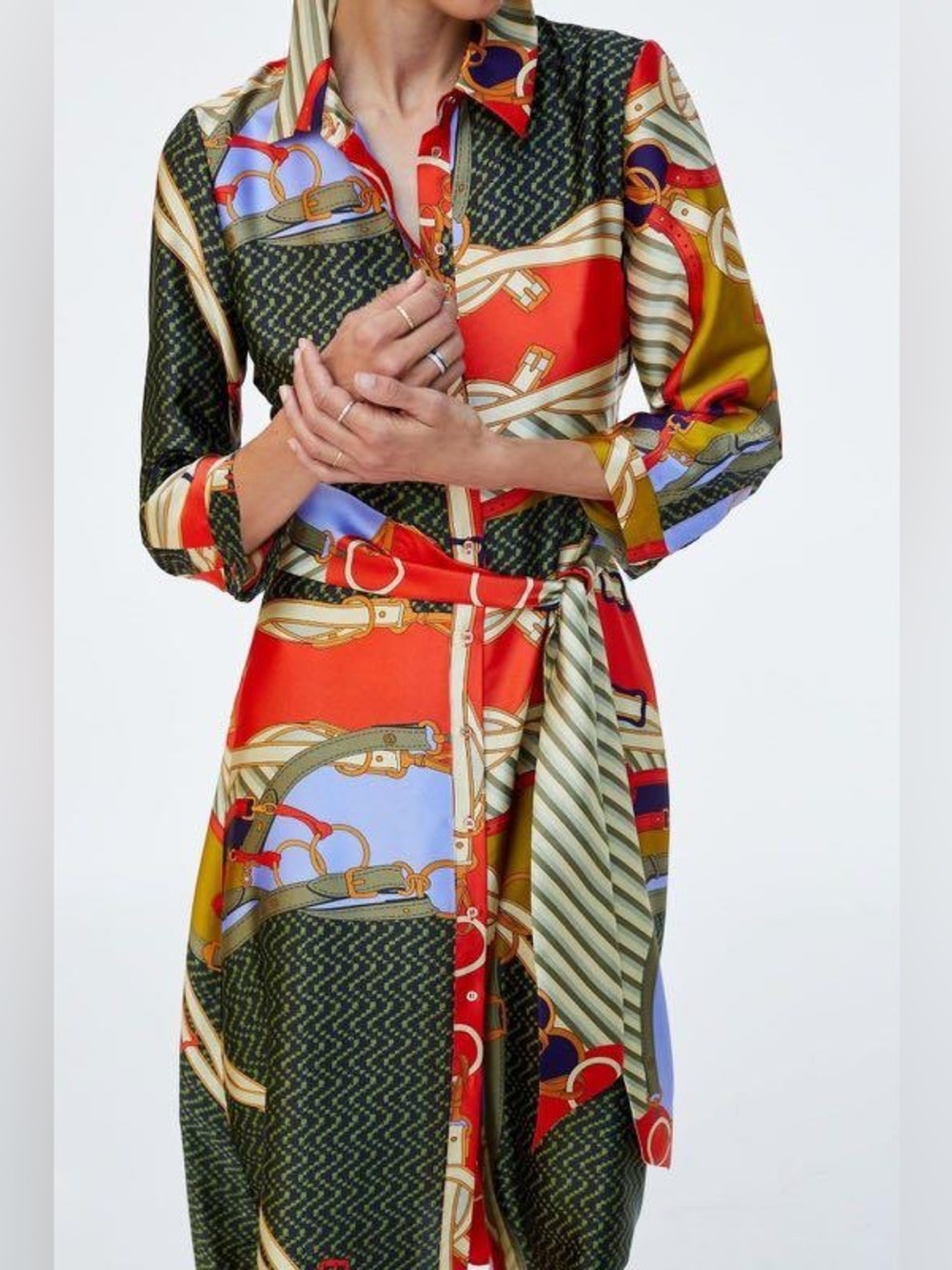 Zara Scarf Print Satin Shirt Dress Belted Equestrian Chain Midi Size M